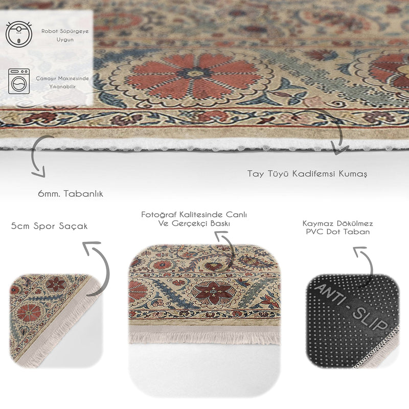 Krem Hereke Motifli Kilim Desenli Etnik Motifler Dijital Baskılı Makinede Yıkanabilir Saçaklı Halı Bonvagon