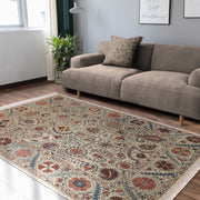 Krem Hereke Motifli Kilim Desenli Etnik Motifler Dijital Baskılı Makinede Yıkanabilir Saçaklı Halı Bonvagon