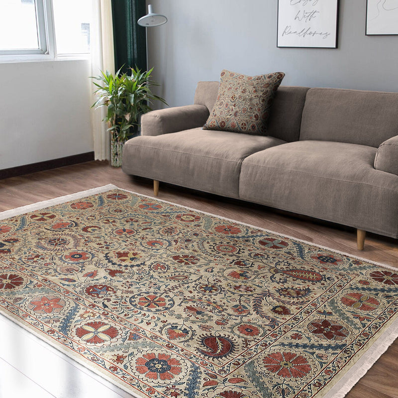 Krem Hereke Motifli Kilim Desenli Etnik Motifler Dijital Baskılı Makinede Yıkanabilir Saçaklı Halı Bonvagon