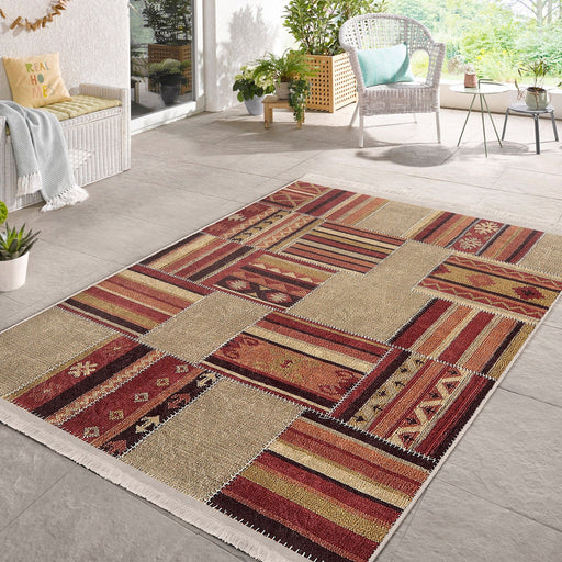 Krem - Kahverengi Patchwork Motifli Etnik Desenli Etnik Vintage Dijital Baskılı Makinede Yıkanabilir Saçaklı Halı