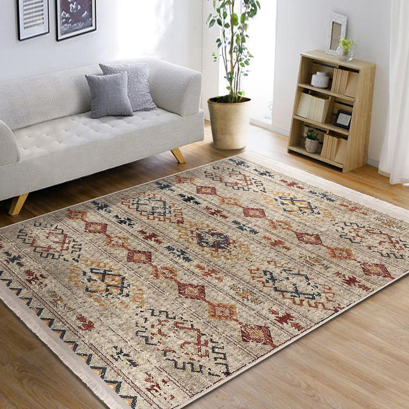 Krem Kilim Motifli Baklava Desenli Etnik Motifler Vintage Salon Oturma Yatak Odası Dijital Baskılı Makinede Yıkanabilir Saçaklı Halı Bonvagon