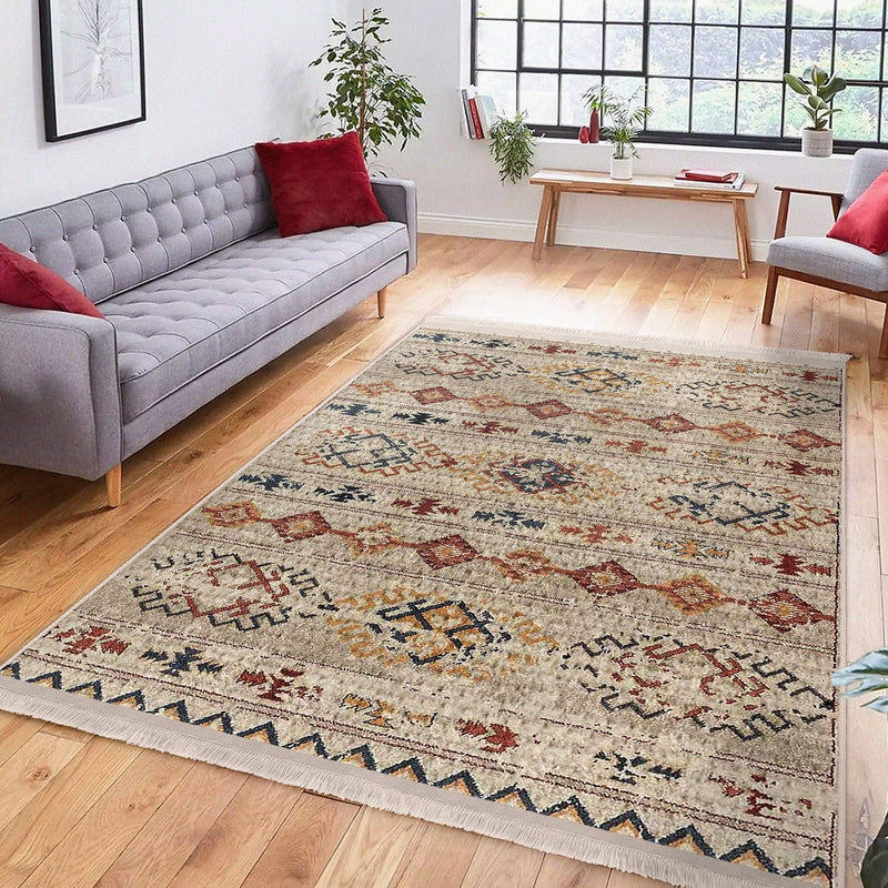 Krem Kilim Motifli Baklava Desenli Etnik Motifler Vintage Salon Oturma Yatak Odası Dijital Baskılı Makinede Yıkanabilir Saçaklı Halı Bonvagon