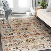 Krem Kilim Motifli Baklava Desenli Etnik Vintage Dijital Baskılı Makinede Yıkanabilir Saçaklı Halı