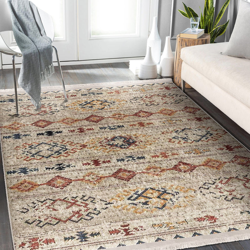 Krem Kilim Motifli Baklava Desenli Etnik Vintage Dijital Baskılı Makinede Yıkanabilir Saçaklı Halı