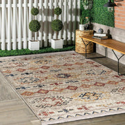 Krem Kilim Motifli Baklava Desenli Etnik Vintage Dijital Baskılı Makinede Yıkanabilir Saçaklı Halı