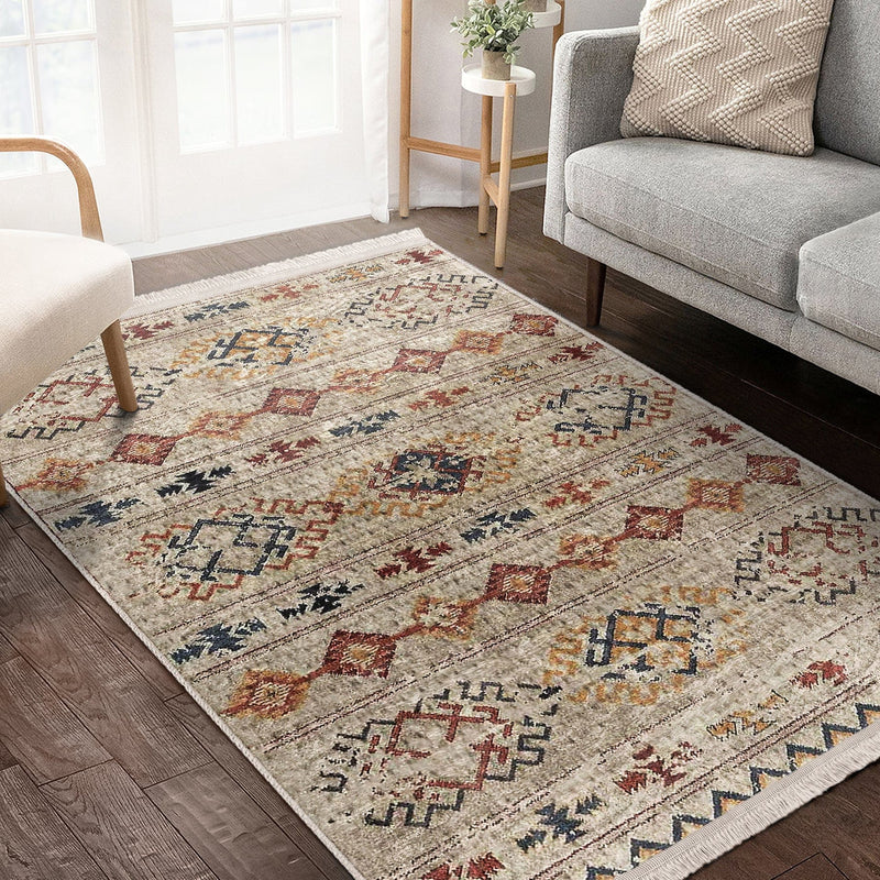 Krem Kilim Motifli Baklava Desenli Etnik Vintage Dijital Baskılı Makinede Yıkanabilir Saçaklı Halı