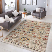 Krem Kilim Motifli Baklava Desenli Etnik Vintage Dijital Baskılı Makinede Yıkanabilir Saçaklı Halı