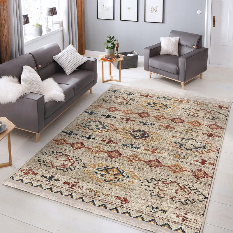 Krem Kilim Motifli Baklava Desenli Etnik Vintage Dijital Baskılı Makinede Yıkanabilir Saçaklı Halı