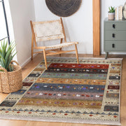 Krem - Kırmızı Kilim ve Etnik Motifli Vintage Dijital Baskılı Makinede Yıkanabilir Saçaklı Halı