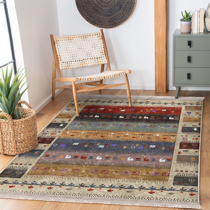 Krem - Kırmızı Kilim ve Etnik Motifli Vintage Dijital Baskılı Makinede Yıkanabilir Saçaklı Halı