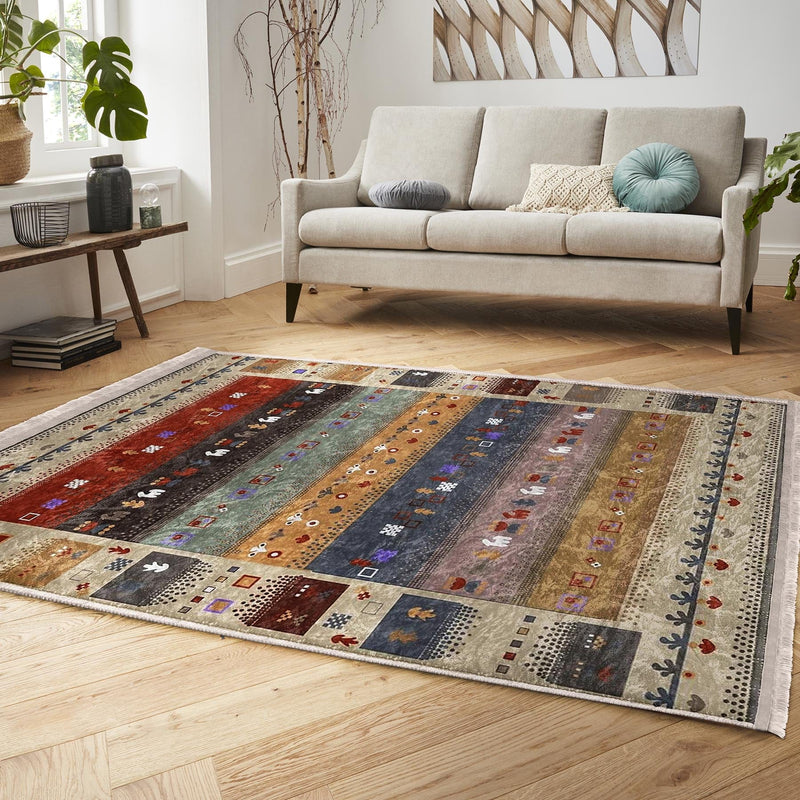 Krem - Kırmızı Kilim ve Etnik Motifli Vintage Dijital Baskılı Makinede Yıkanabilir Saçaklı Halı