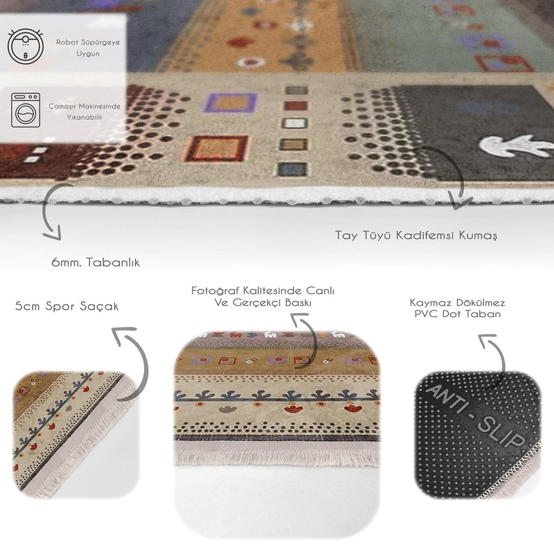 Krem - Kırmızı Kilim ve Etnik Motifli Vintage Dijital Baskılı Makinede Yıkanabilir Saçaklı Halı