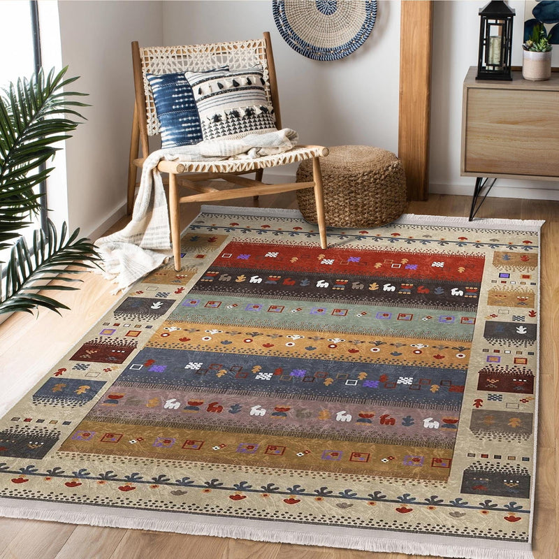 Krem - Kırmızı Kilim ve Etnik Motifli Vintage Dijital Baskılı Makinede Yıkanabilir Saçaklı Halı