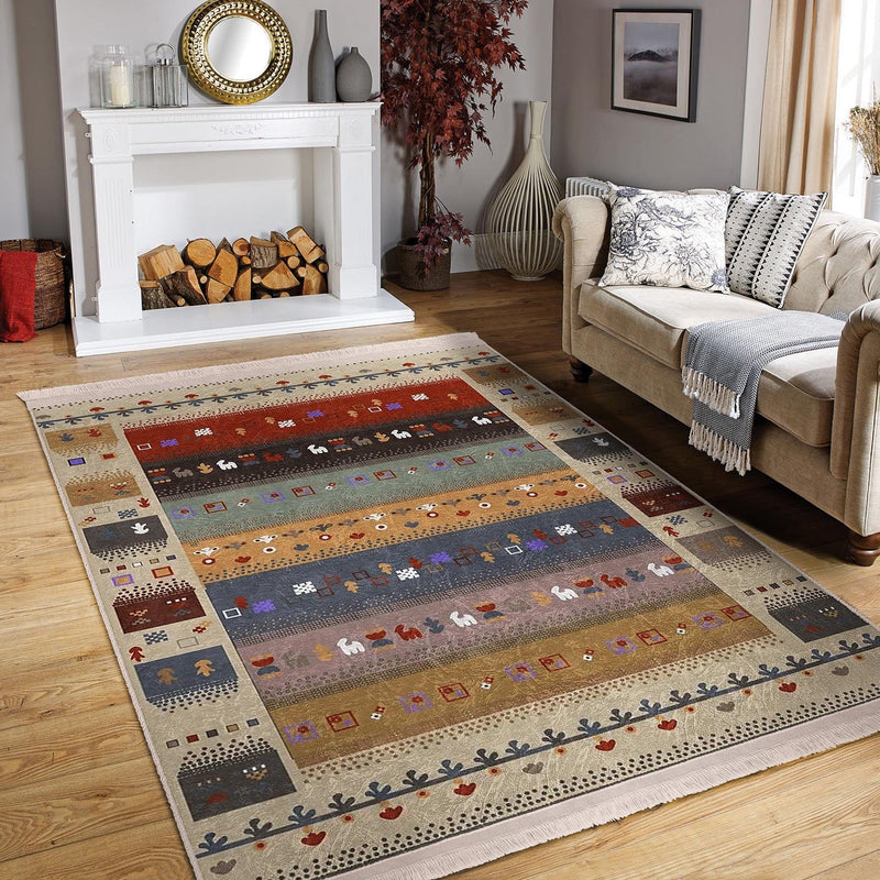Krem - Kırmızı Kilim ve Etnik Motifli Vintage Dijital Baskılı Makinede Yıkanabilir Saçaklı Halı