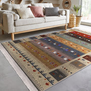Krem - Kırmızı Kilim ve Etnik Motifli Vintage Dijital Baskılı Makinede Yıkanabilir Saçaklı Halı