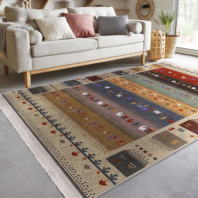 Krem - Kırmızı Kilim ve Etnik Motifli Vintage Dijital Baskılı Makinede Yıkanabilir Saçaklı Halı