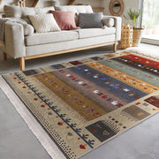 Krem - Kırmızı Kilim ve Etnik Motifli Vintage Dijital Baskılı Makinede Yıkanabilir Saçaklı Halı Bonvagon