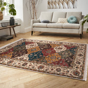 Krem - Kırmızı Uşak Motifli Kilim Desenli Avangarde Etnik Dijital Baskılı Makinede Yıkanabilir Saçaklı Halı