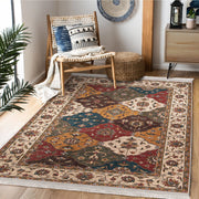 Krem - Kırmızı Uşak Motifli Kilim Desenli Avangarde Etnik Dijital Baskılı Makinede Yıkanabilir Saçaklı Halı
