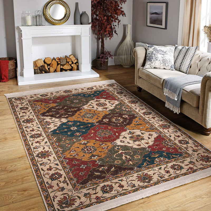Krem - Kırmızı Uşak Motifli Kilim Desenli Avangarde Etnik Dijital Baskılı Makinede Yıkanabilir Saçaklı Halı