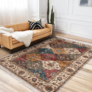 Krem - Kırmızı Uşak Motifli Kilim Desenli Avangarde Etnik Dijital Baskılı Makinede Yıkanabilir Saçaklı Halı