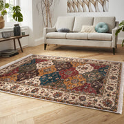 Krem - Kırmızı Uşak Motifli Kilim Desenli Avangarde Etnik Motifler Salon Oturma Yatak Odası Dijital Baskılı Makinede Yıkanabilir Saçaklı Halı Bonvagon