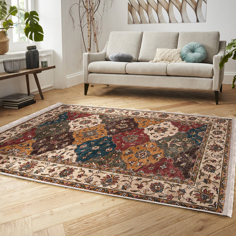 Krem - Kırmızı Uşak Motifli Kilim Desenli Avangarde Etnik Motifler Salon Oturma Yatak Odası Dijital Baskılı Makinede Yıkanabilir Saçaklı Halı Bonvagon