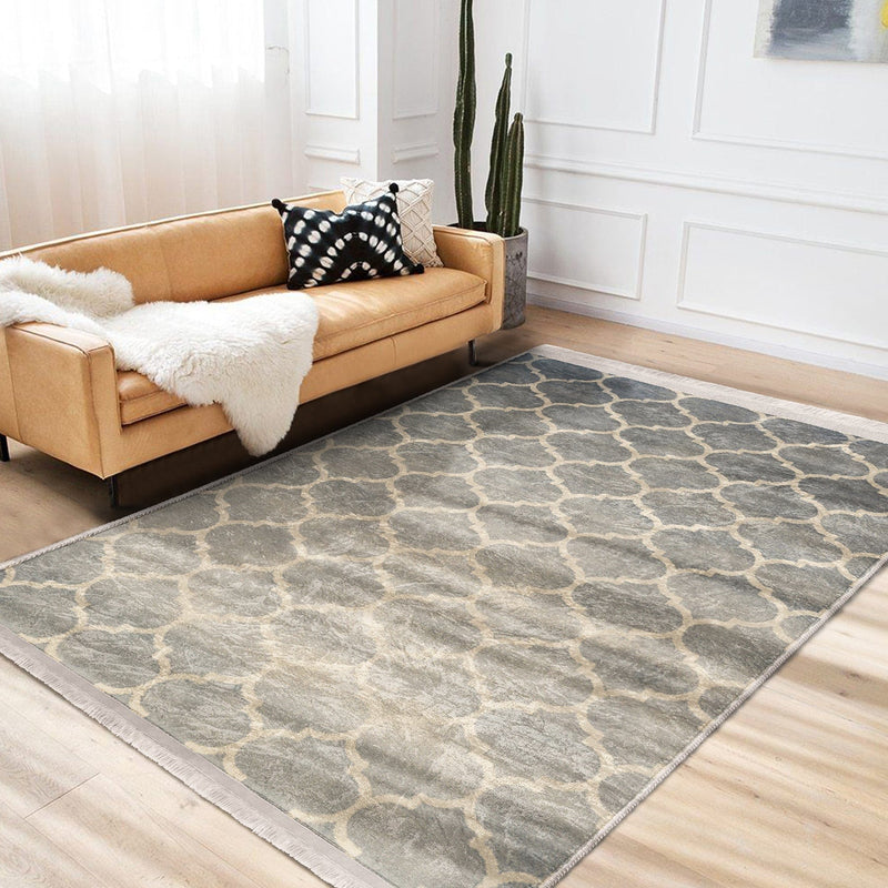 Krem Morrocan Motifli Otantik Desenli Geometrik Eskitme Motifli Dijital Baskılı Makinede Yıkanabilir Saçaklı Halı