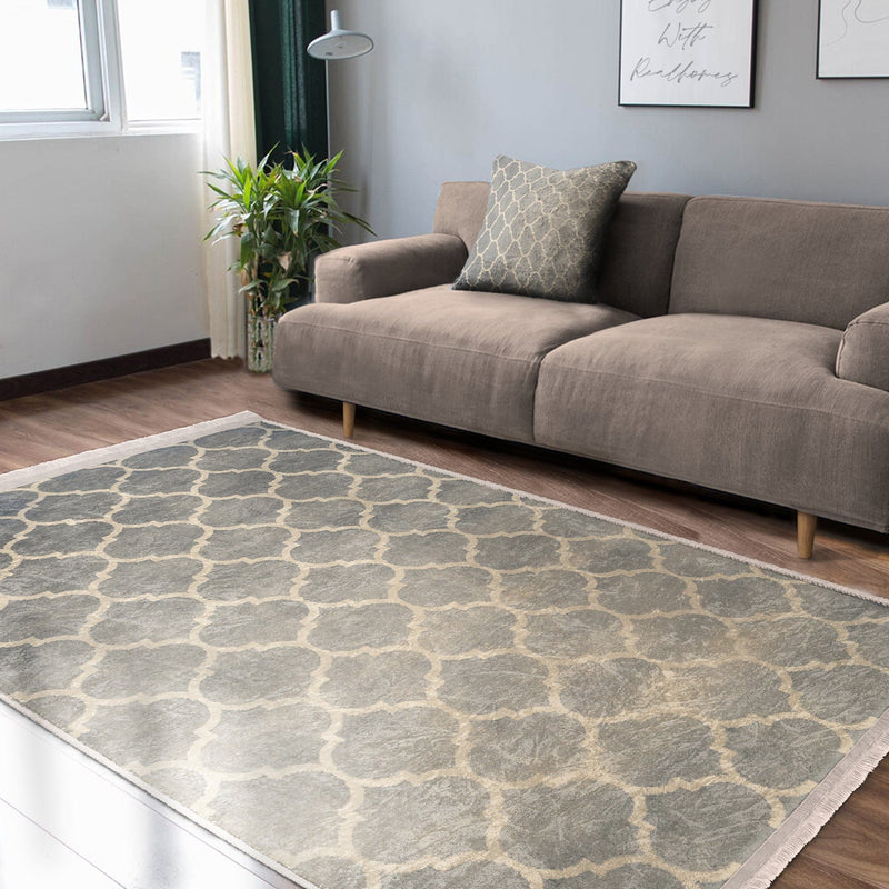 Krem Morrocan Motifli Otantik Desenli Geometrik Eskitme Motifli Koridor Antre Salon Oturma Odası Dijital Baskılı Makinede Yıkanabilir Saçaklı Halı Bonvagon