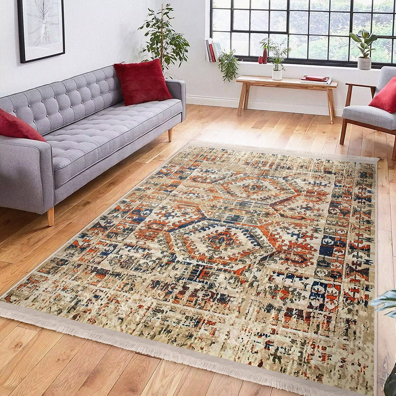 Krem Osmanlı Motifli Kilim Desenli Etnik Eskitme Motifli Dijital Baskılı Makinede Yıkanabilir Saçaklı Halı