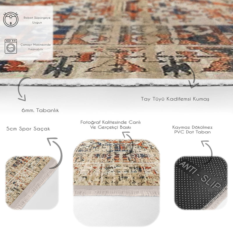 Krem Osmanlı Motifli Kilim Desenli Etnik Eskitme Motifli Dijital Baskılı Makinede Yıkanabilir Saçaklı Halı