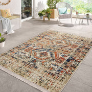 Krem Osmanlı Motifli Kilim Desenli Etnik Eskitme Motifli Dijital Baskılı Makinede Yıkanabilir Saçaklı Halı