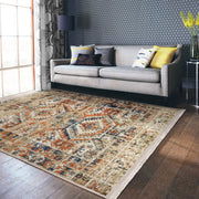 Krem Osmanlı Motifli Kilim Desenli Etnik Eskitme Motifli Dijital Baskılı Makinede Yıkanabilir Saçaklı Halı
