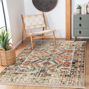 Krem Osmanlı Motifli Kilim Desenli Etnik Eskitme Motifli Dijital Baskılı Makinede Yıkanabilir Saçaklı Halı