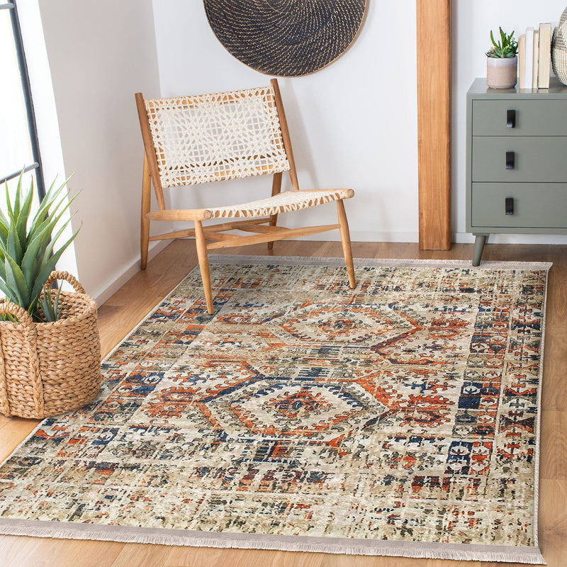 Krem Osmanlı Motifli Kilim Desenli Etnik Eskitme Motifli Dijital Baskılı Makinede Yıkanabilir Saçaklı Halı