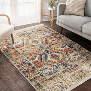 Krem Osmanlı Motifli Kilim Desenli Etnik Eskitme Motifli Dijital Baskılı Makinede Yıkanabilir Saçaklı Halı