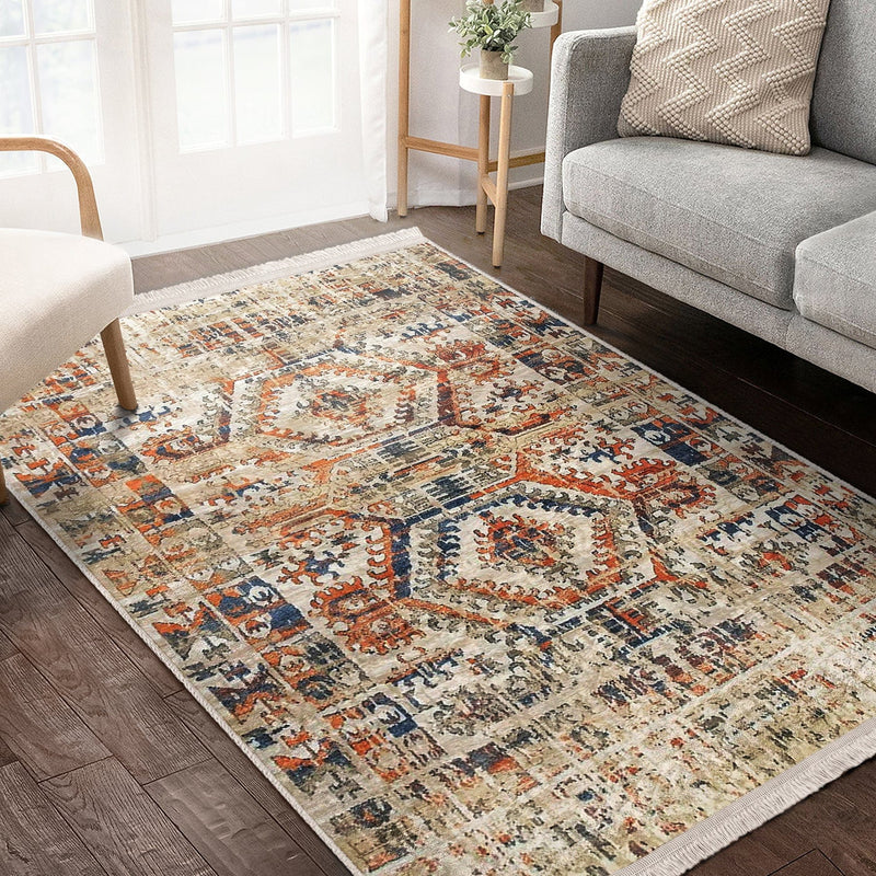 Krem Osmanlı Motifli Kilim Desenli Etnik Eskitme Motifli Dijital Baskılı Makinede Yıkanabilir Saçaklı Halı