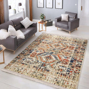 Krem Osmanlı Motifli Kilim Desenli Etnik Eskitme Motifli Dijital Baskılı Makinede Yıkanabilir Saçaklı Halı