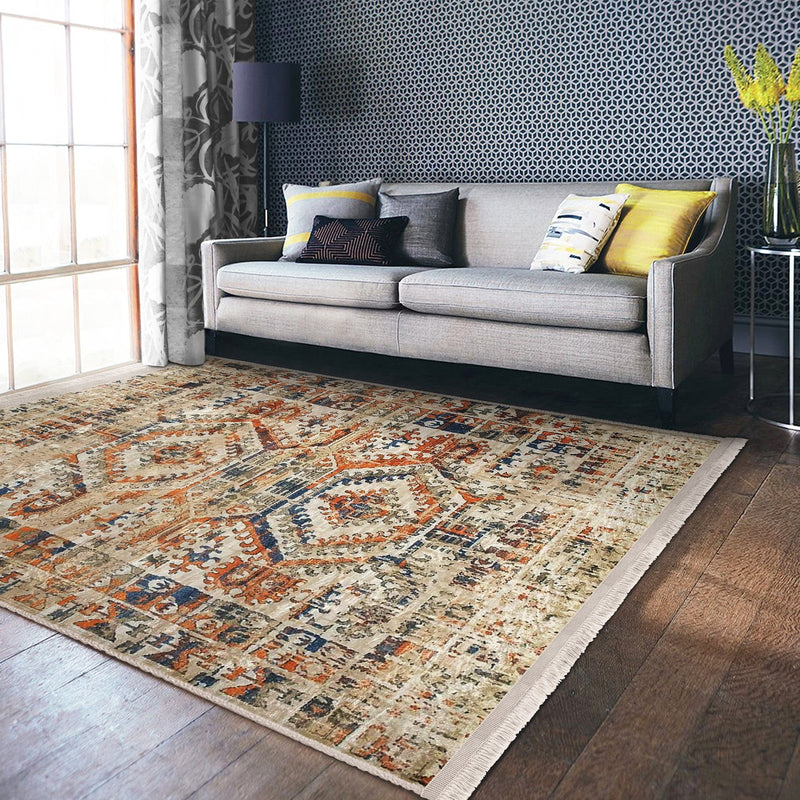 Krem Osmanlı Motifli Kilim Desenli Etnik Motifler Eskitme Motifli Salon Oturma Odası Koridor Antre Dijital Baskılı Makinede Yıkanabilir Saçaklı Halı Bonvagon