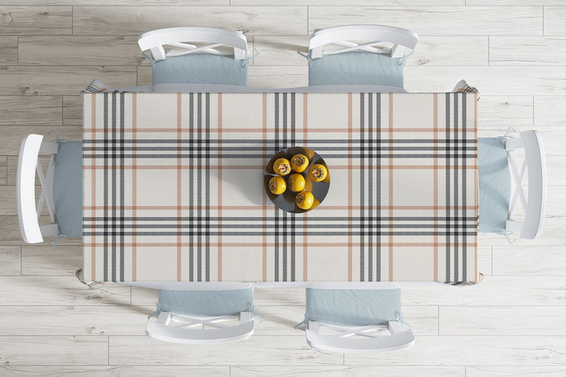 Krem Renkte Ekose Desenli Dekoratif Leke Tutmaz Masa Örtüsü Bonvagon