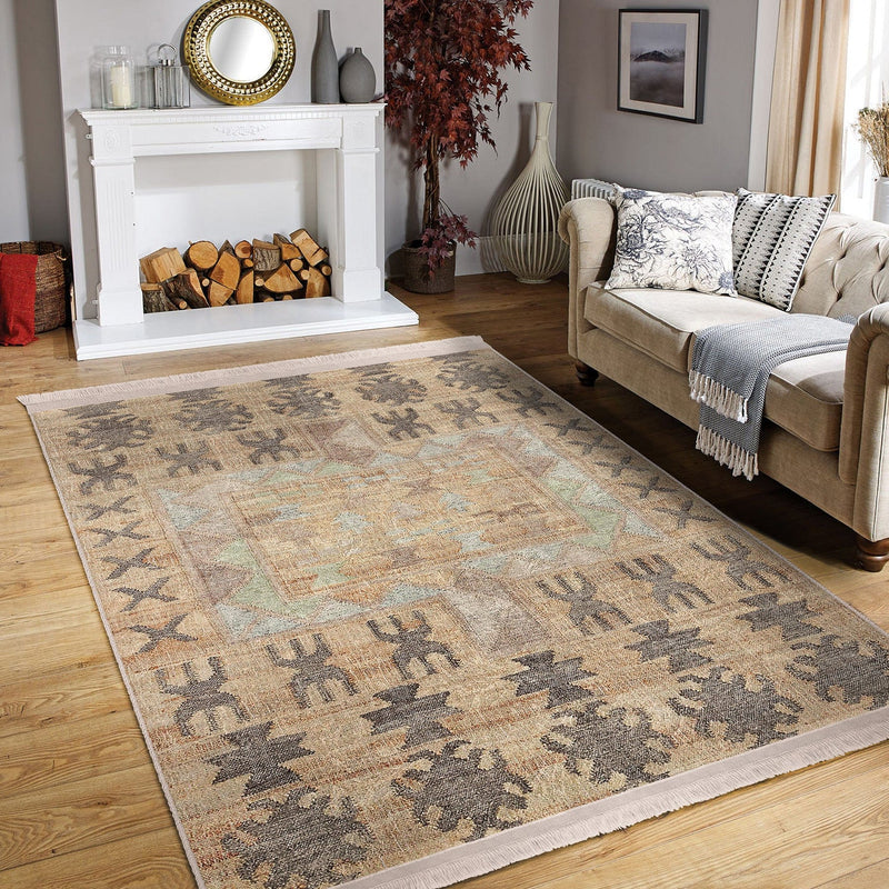Krem Tribal Motifli Antik Desenli Etnik Motifler Vintage Salon Oturma Odası Koridor Antre Dijital Baskılı Makinede Yıkanabilir Saçaklı Halı Bonvagon