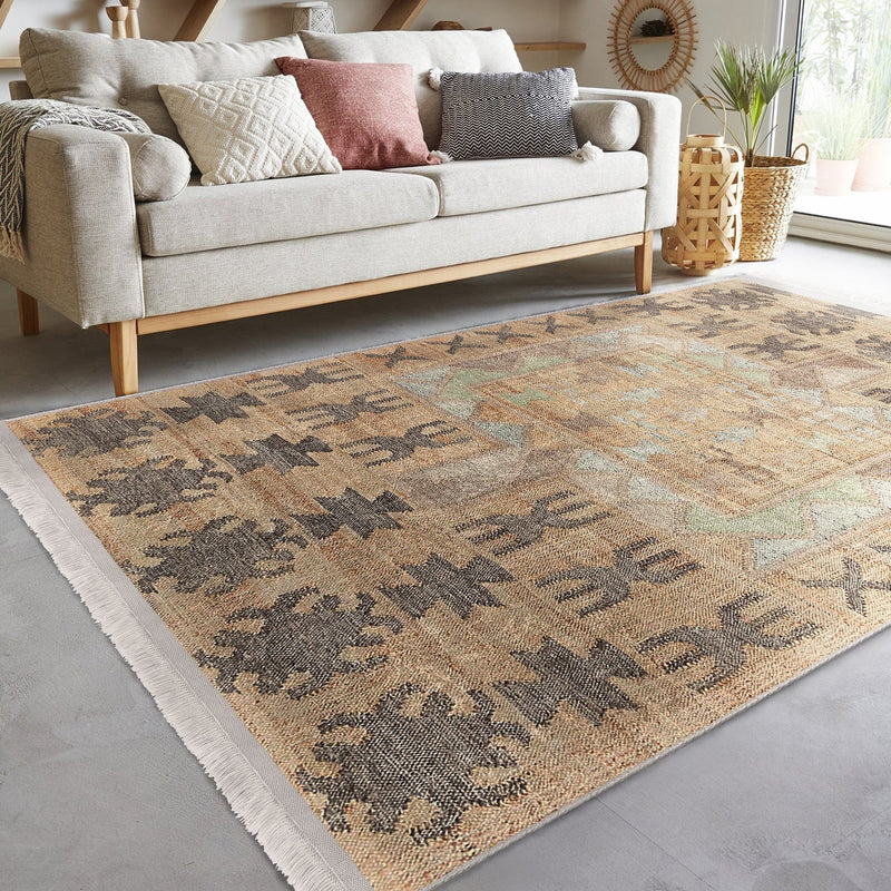 Krem Tribal Motifli Antik Desenli Etnik Motifler Vintage Salon Oturma Odası Koridor Antre Dijital Baskılı Makinede Yıkanabilir Saçaklı Halı Bonvagon
