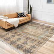 Krem Tribal Motifli Antik Desenli Etnik Motifler Vintage Salon Oturma Odası Koridor Antre Dijital Baskılı Makinede Yıkanabilir Saçaklı Halı Bonvagon