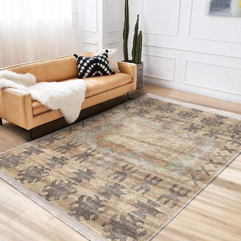 Krem Tribal Motifli Antik Desenli Etnik Motifler Vintage Salon Oturma Odası Koridor Antre Dijital Baskılı Makinede Yıkanabilir Saçaklı Halı Bonvagon