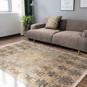Krem Tribal Motifli Antik Desenli Etnik Motifler Vintage Salon Oturma Odası Koridor Antre Dijital Baskılı Makinede Yıkanabilir Saçaklı Halı Bonvagon