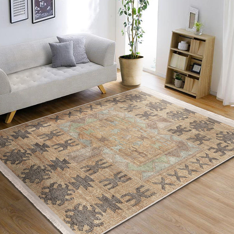 Krem Tribal Motifli Antik Desenli Etnik Motifler Vintage Salon Oturma Odası Koridor Antre Dijital Baskılı Makinede Yıkanabilir Saçaklı Halı Bonvagon