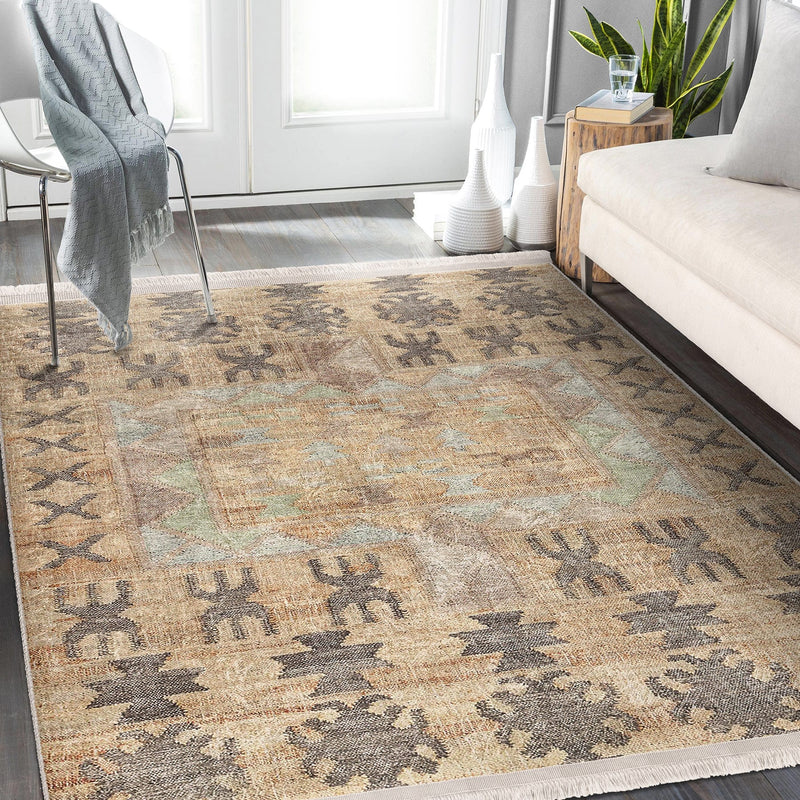 Krem Tribal Motifli Antik Desenli Etnik Motifler Vintage Salon Oturma Odası Koridor Antre Dijital Baskılı Makinede Yıkanabilir Saçaklı Halı Bonvagon