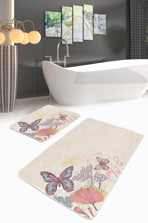 Krem Zemin Kelebek Motifli 2li Banyo Halısı Takımı Kaymaz Taban Yıkanabilir Bonvagon
