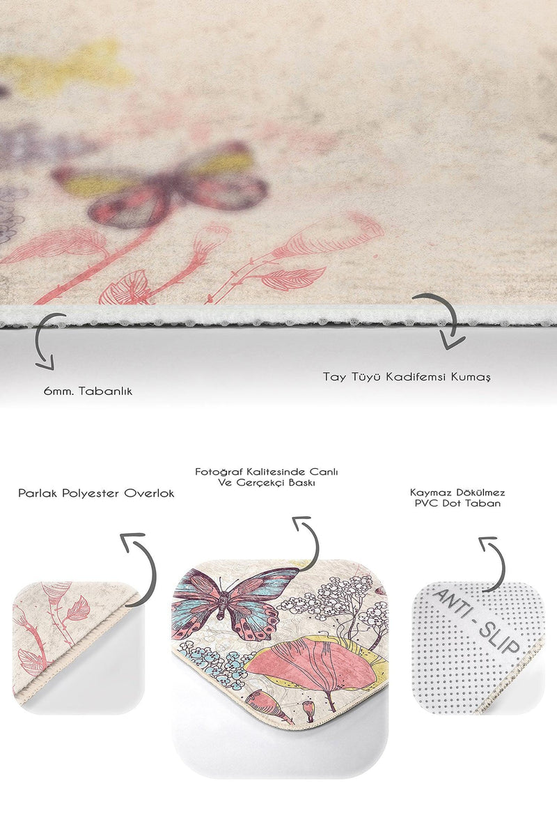 Krem Zemin Kelebek Motifli 2li Banyo Halısı Takımı Kaymaz Taban Yıkanabilir Bonvagon