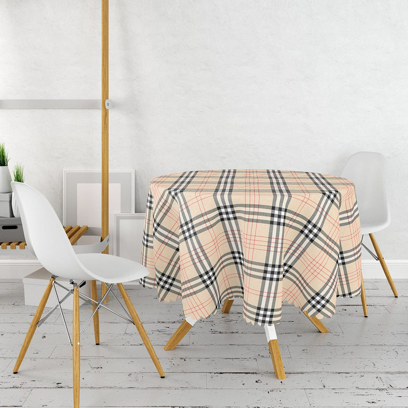 Krem Zeminli Ekose Desenli Dekoratif Leke Tutmaz Masa Örtüsü Bonvagon